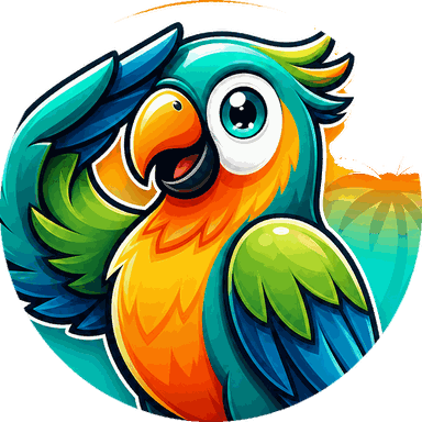 The SaluTalk parrot mascot, mid-shout, inside a badge